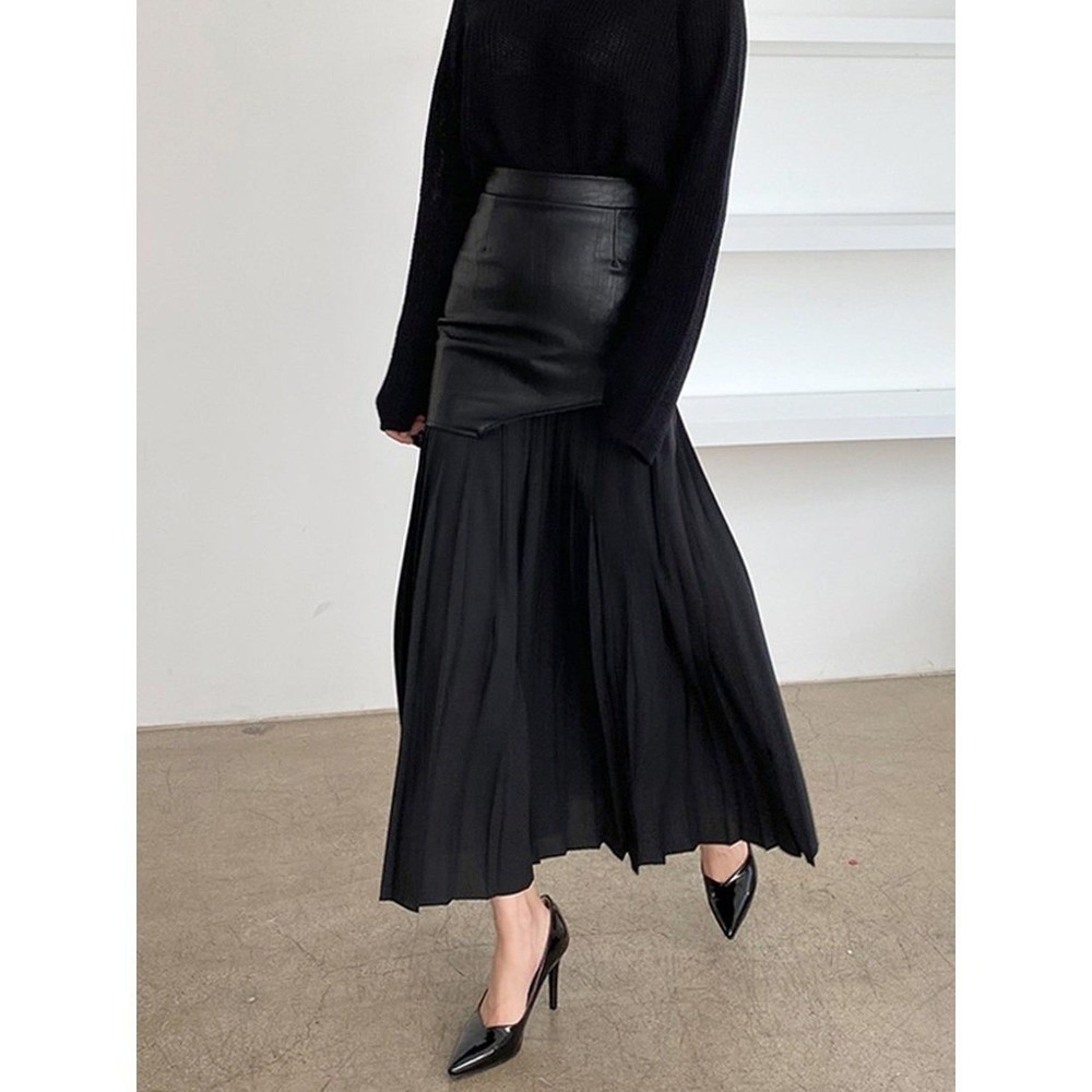 Micas Contrast Pleated Faux Leather Midi Skirt, black, size M